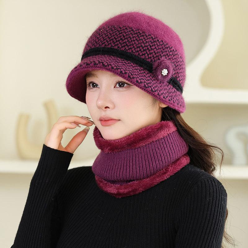 Fleece Warm Hat Ladies Mom Rabbit Plush Fashion Knitted Scarf Basin Hat Winter Grandma Windproof Hat