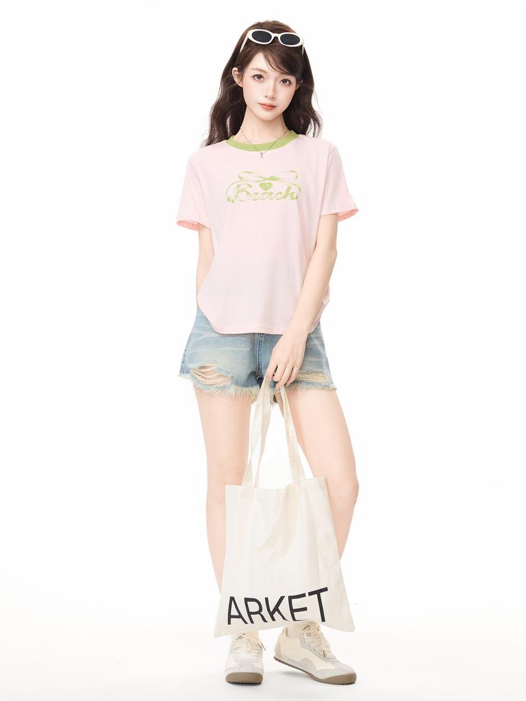 Pure Desire Pink Bow Letter Print Short-sleeved T-shirt Women's Summer Loose and Thin Spice Girl Temperament Top