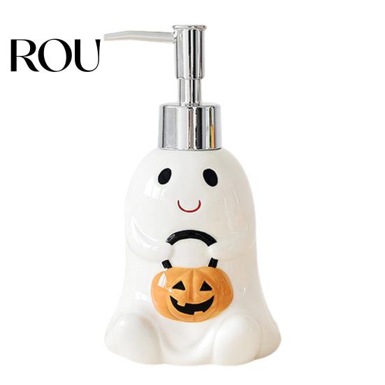 Empty Lotion Container Halloween Ceramic Ghost Soap Dispenser, with Stainless Steel Pump, Pumpkin Refillable Hand Bottle Liquid Container, Shower Gel