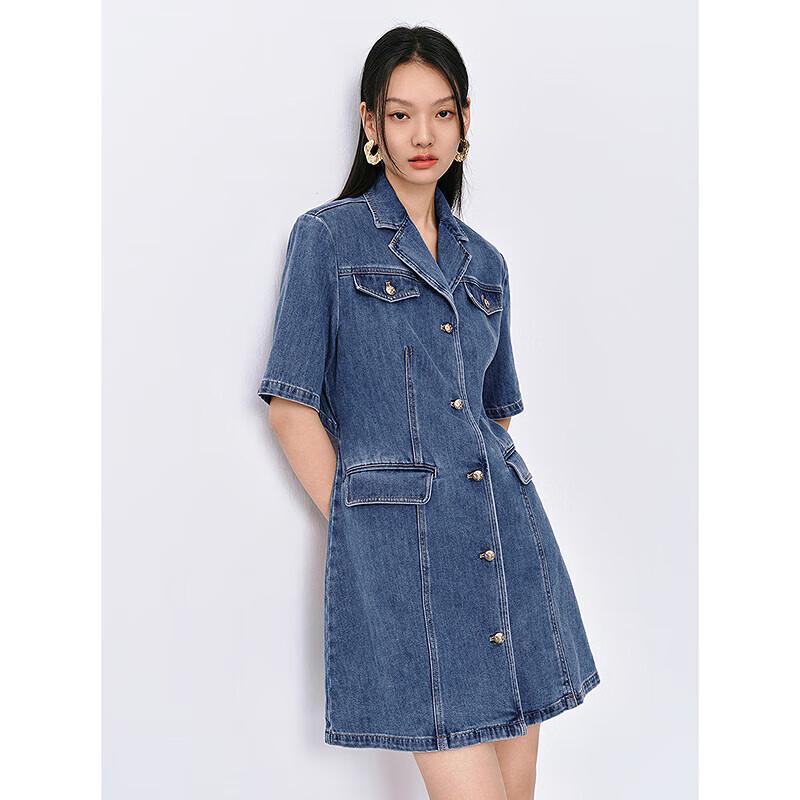 Peacebird Women's Summer Lapel Hollow Out Denim Short Dress