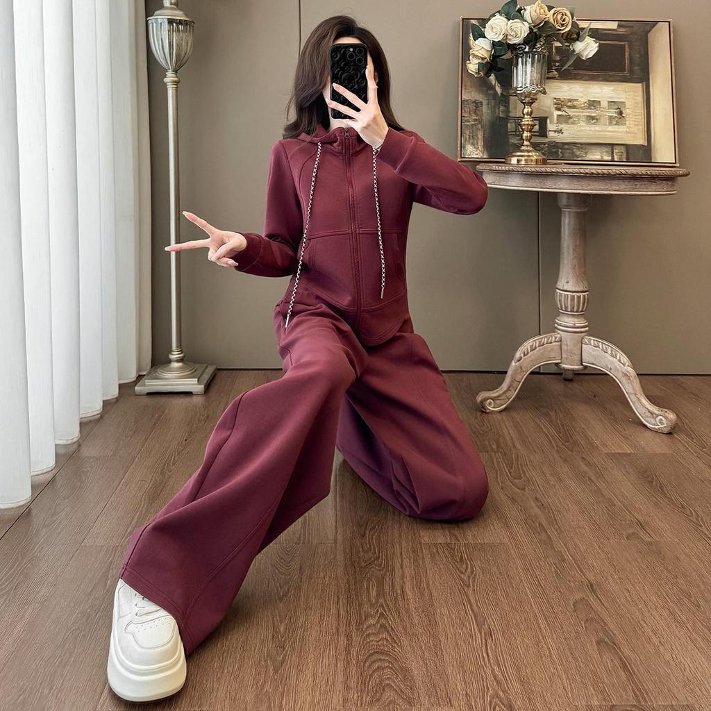 Spring Casual Fashion Set: Women's Korean-Style Zipper Cardigan Hoodie with Wide-Leg Pants, Two-Piece Set