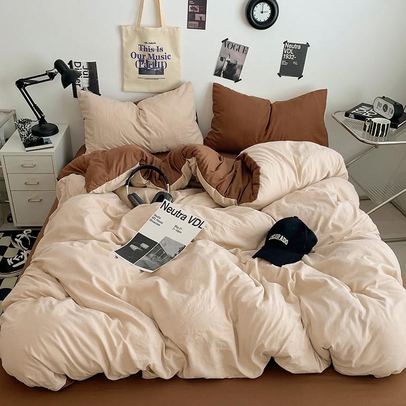 Washed Cotton Bedding Set Solid Color Brushed Bed Sheets Dorm Home