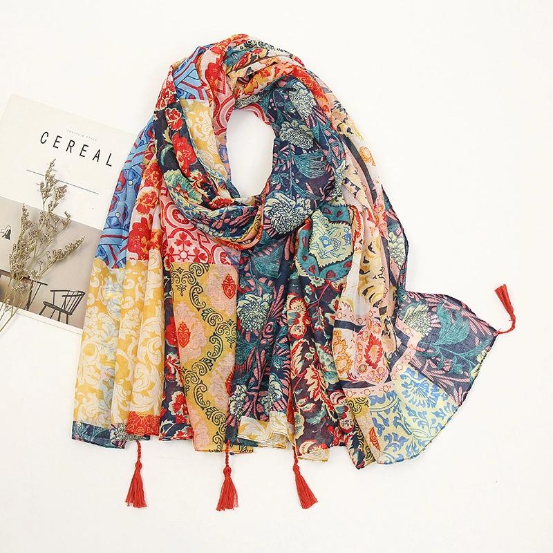 Color Printed Tassel Scarf Bohemian Stitching Shawl Seaside Travel Vacation Sunscreen