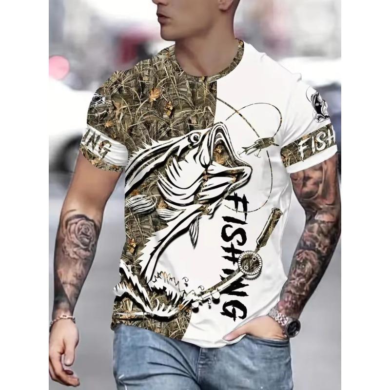 Pánské tričko s kulatým výstřihem pro rybářské nadšence, 3D potisk s grafikou rybářského háčku a okouna, nadměrná velikost, ležérní sportovní styl, letní tričko