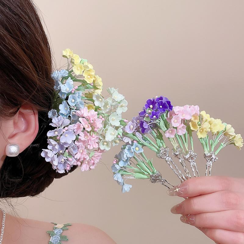 Sweet Pastel Floral Hair Clips Artificial Flower Bouquet U Pins Delicate Hair Accessories For Wedding Party Daily Hair Styling