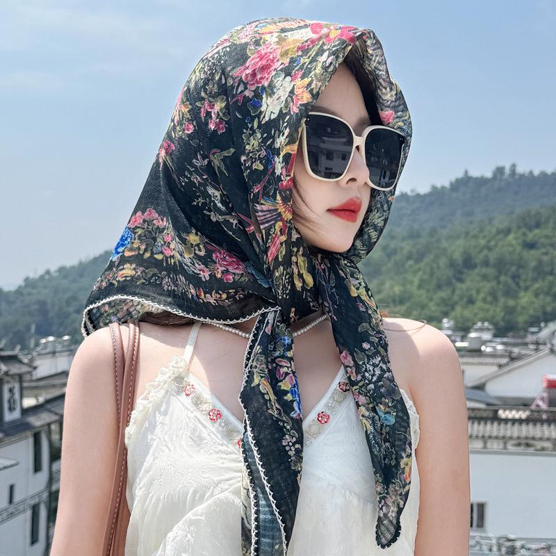 Pastoral retro floral linen triangle silk scarf women's spring and autumn literary tie code packet of the released version headscarf sunscreen shawl
