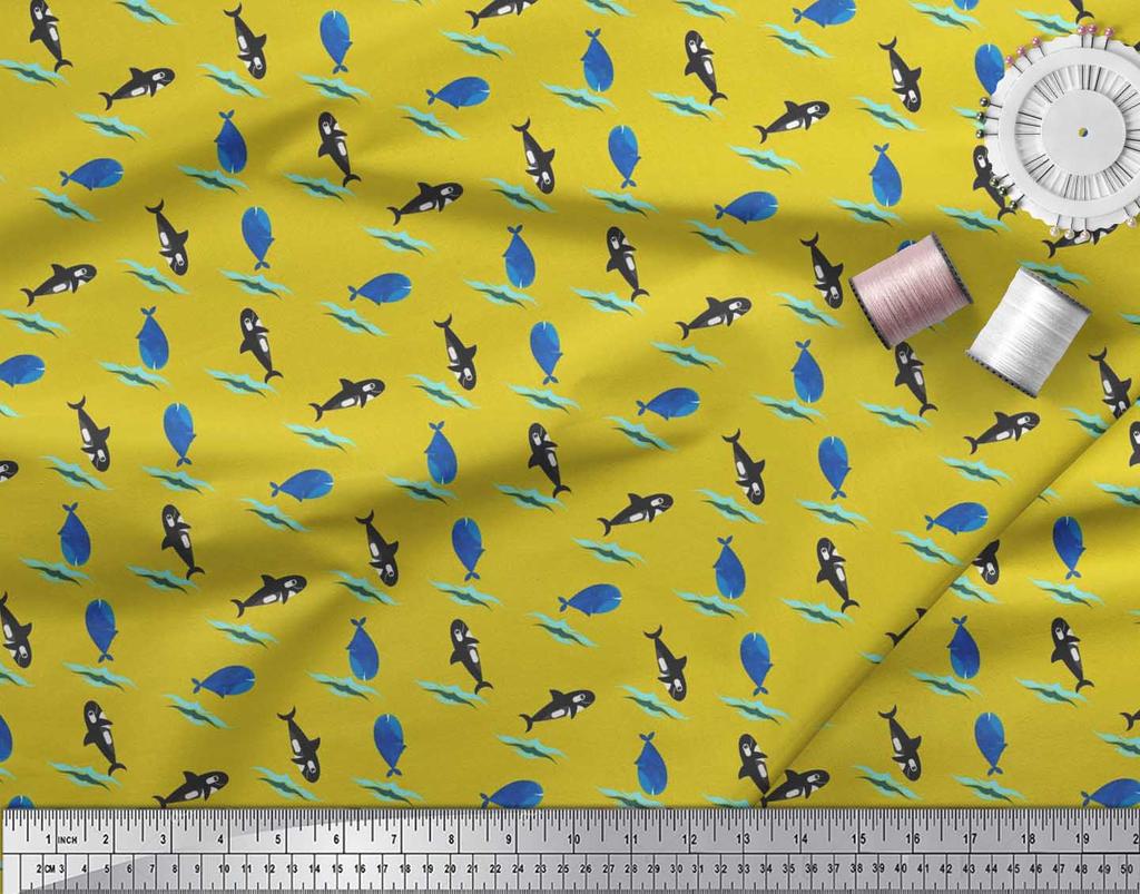 Soimoi Japan Crepe Satin Fabric Waves,Whale & Dolphin Ocean Decor Fabric Printed metre 42 Inch