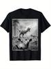 Scared Cat and T-Rex Graphic Tee Men Funny Dinosaur Jungle Print Short Sleeve T-Shirt Daily Casual