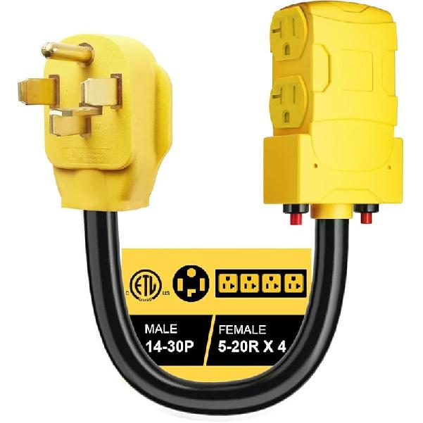 50 Amp To 20 Amp 110V RV Distribution Adapter, 240V To 120V, NEMA 14-50P To 4 X 5-20R/15R RV Generator Adapter, 4-Prong Plug To Mutiple Household