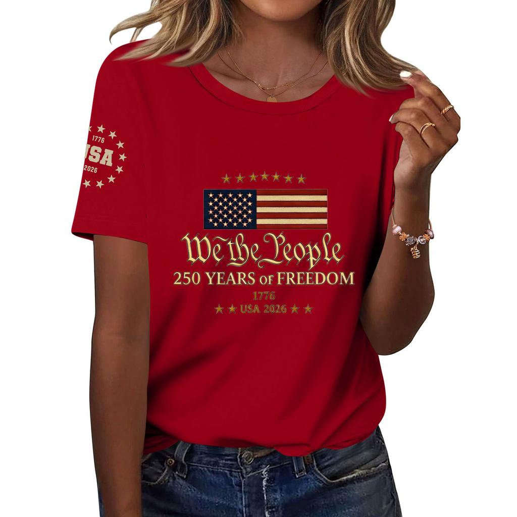 Short Sleeve Crew Neck T-Shirt with We the 250 Years of USA 1776 2026 Print for Women Men