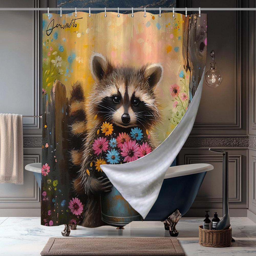 

Raccoon Shower Curtain - Cute Raccoon With Flowers, Rustic Fence, Colorful Background,Fade Resistant,70.8X70.8 ,Machine Washable W60H190(CM)-1 Pcs