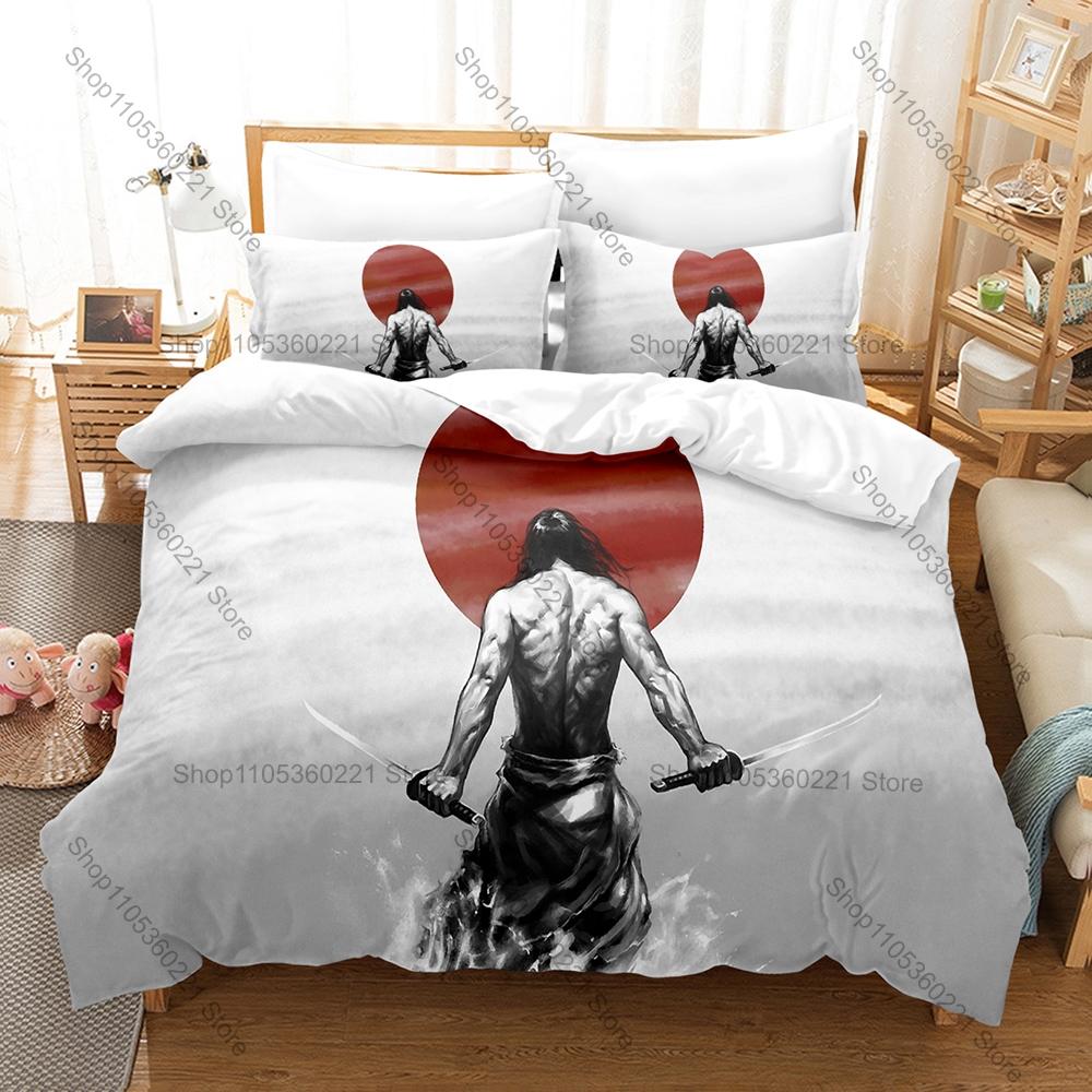 Cool Japanese Samurai Bedding Set Duvet Cover + 2 Pillowcases Traditional Ronin Katana Cherry Blossom Warrior Bedroom Decor