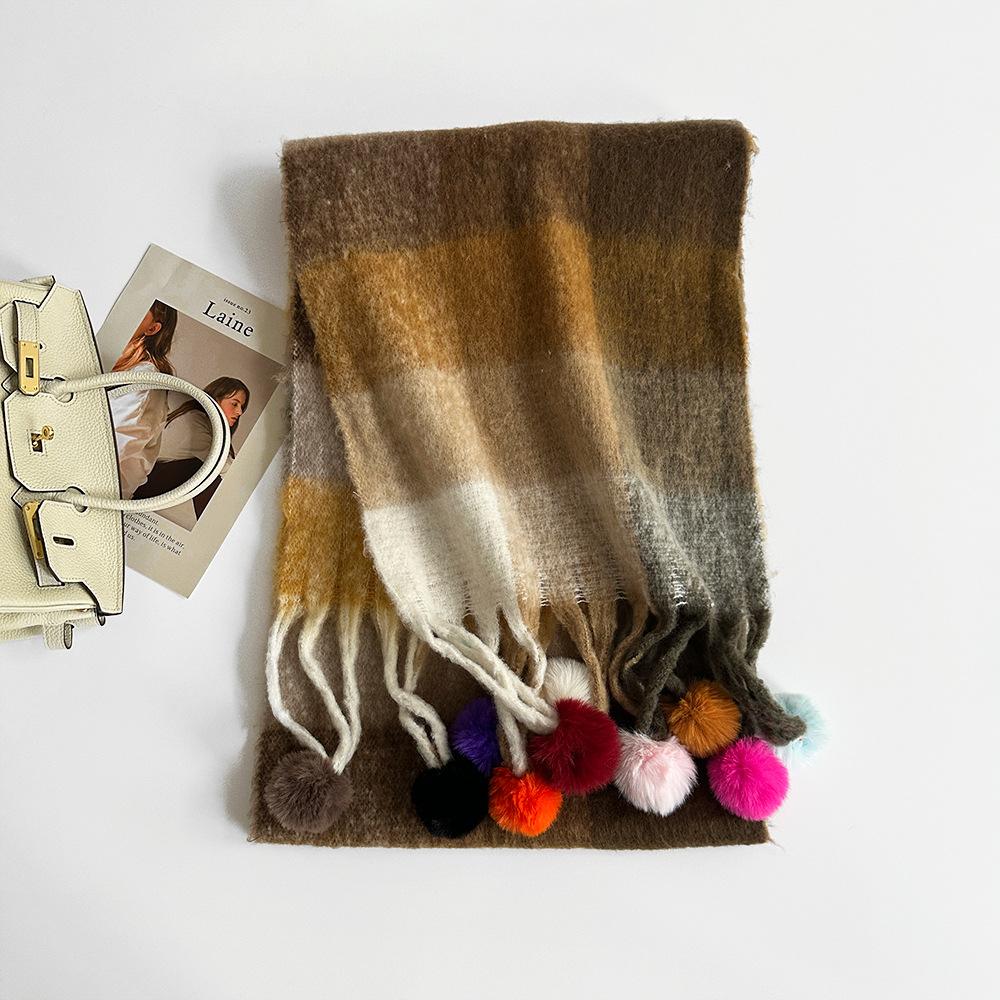 Fashion Trend Scarf Winter Scarf Rainbow Plaid Dopamine Stripe Handmade Hairball Shawl