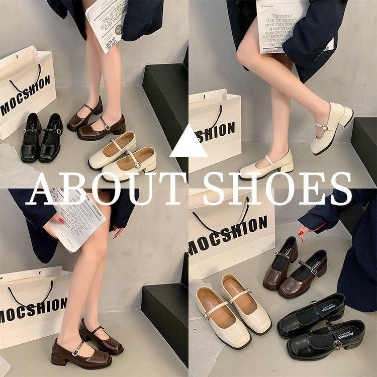 Women's Retro French Mary Jane Square Toe Leather Shoes, 2025 Spring/Autumn, Chunky Heel, Versatile Low-Cut for Skirts