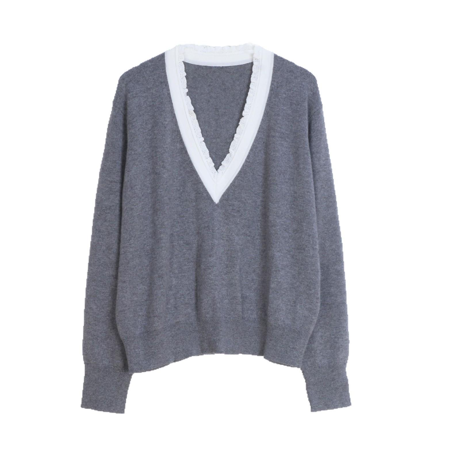 

Женский вязаный пуловер свободного кроя с французским V-образным вырезом для осени и весны Large