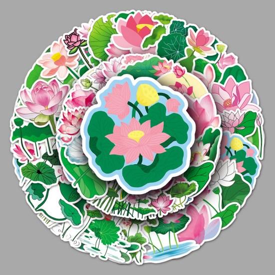 50 Stück Scrapbooking-Aufkleber, entzückender selbstklebender Lotus-Aufkleber ohne Rückstände, für Laptop, Telefonabdeckung, Schulbedarf