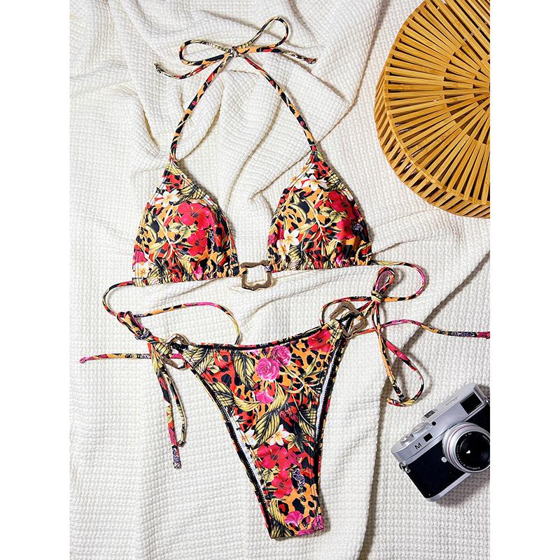 Leopard Floral Mini Thong Bikini Women Swimwear Female Swimsuit Two-pieces Bikini Set Bather Bathing Suit Swim