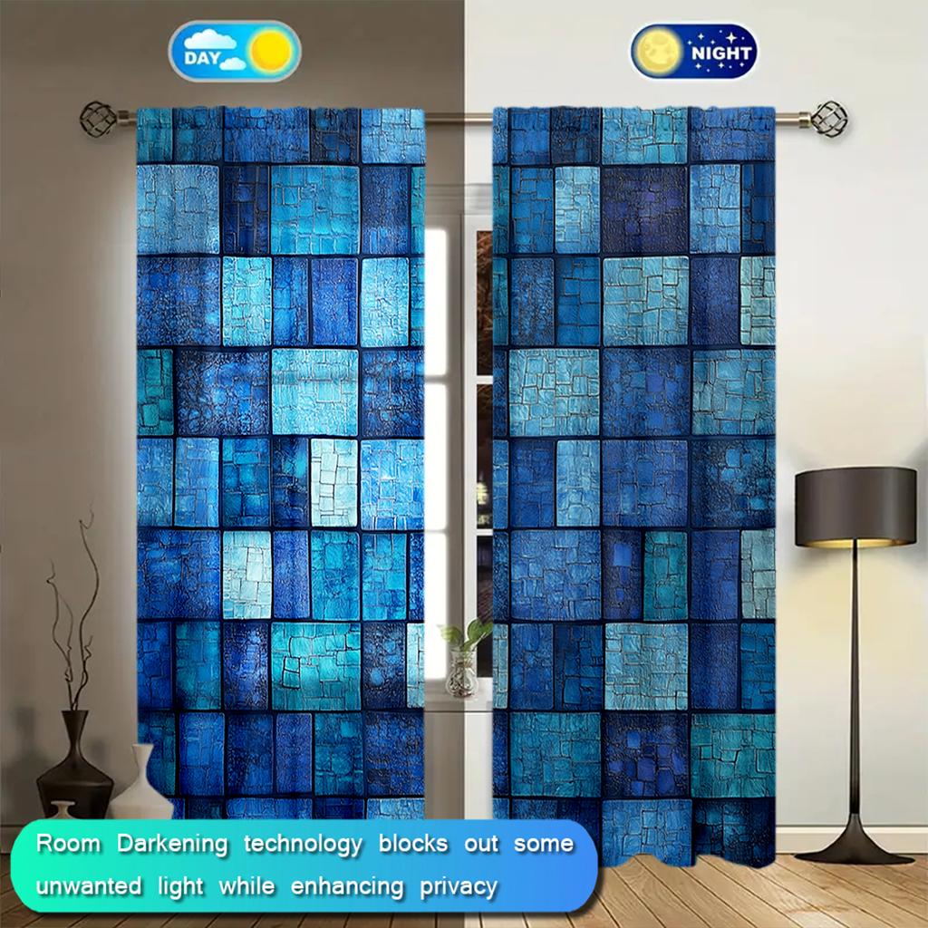 2pcs Retro Blue Mosaic Tiles Printed Curtain for Home Decor - Rod Pocket Window Treatment for Bedroom, Office, Kitchen