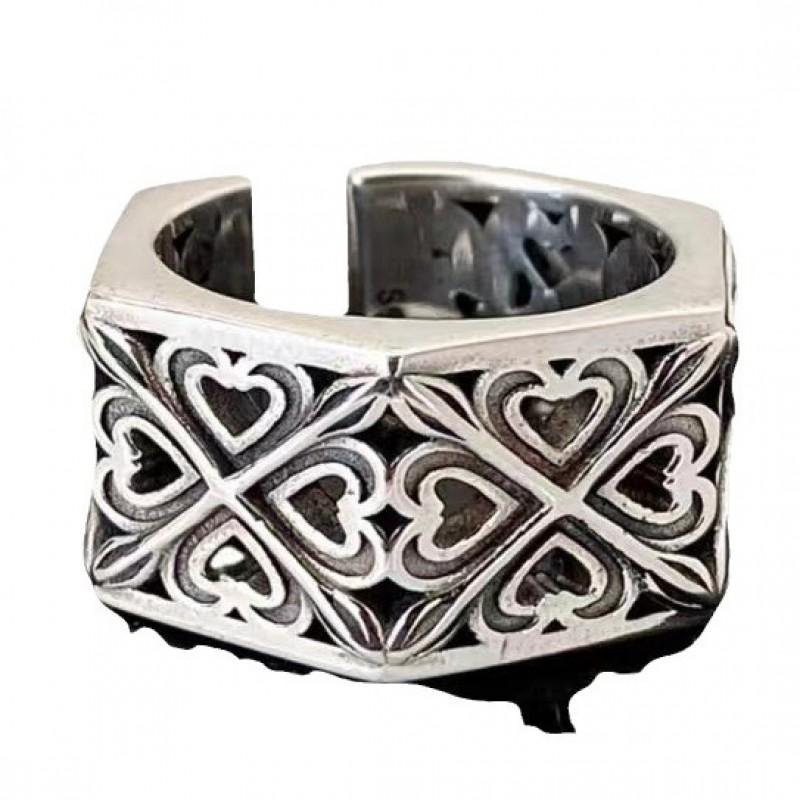 Adjustable Open Ring Couples Geometric Hollow Heart Design Vintage Style Plated Unisex Wide Band