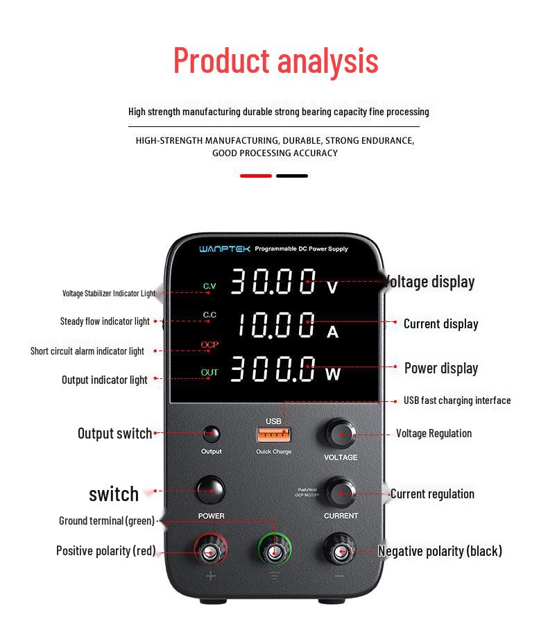 Gudong WPS3010H 30V 10A DC Power Supply with Short Circuit Protection & 18W USB Fast Charging