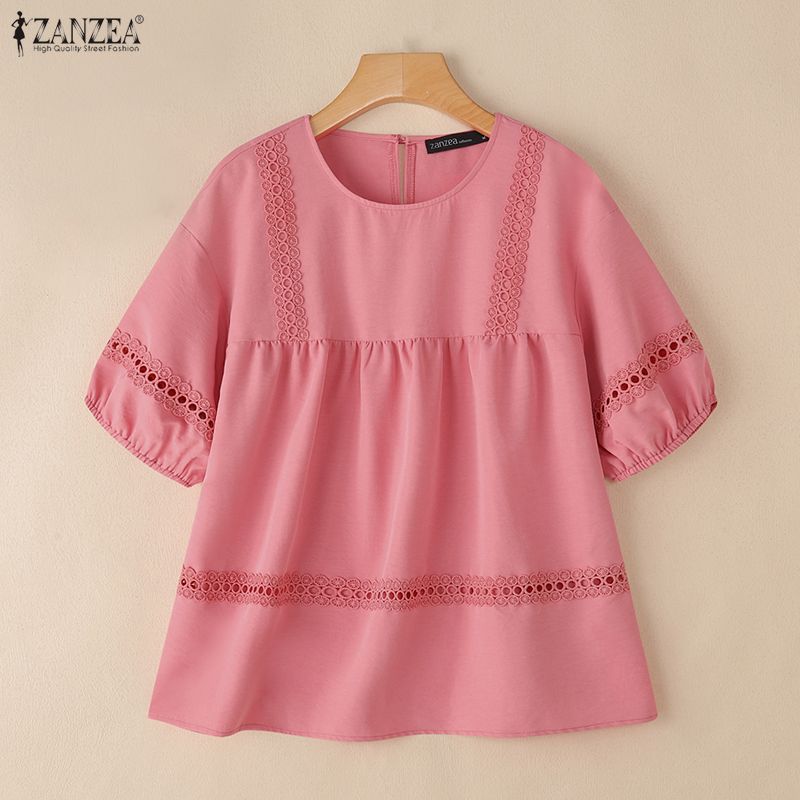 

ZANZEA Женские повседневные кружевные вышитые лоскутные блузки с коротким рукавом и крючком S розовый