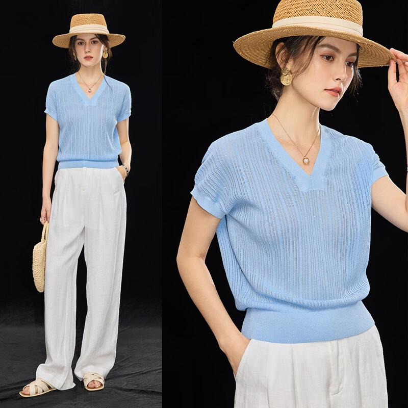 Wudao Women s French V-Neck Glitter Knit Top M