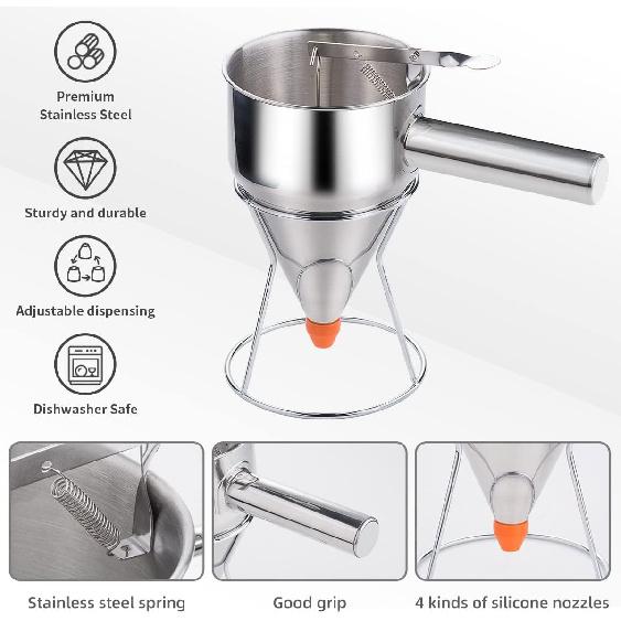 40oz Pancake Batter Dispenser, Stainless Steel Cake Dispenser with 4 Caliber Funnel & Stand, Baking Tools for Pancakes, Cupcakes & Baked Goods