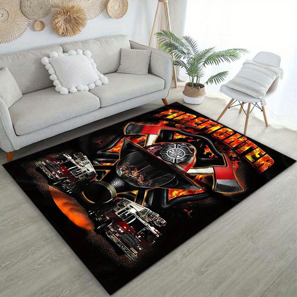 Fire Department Theme Area Rug - With Flames & Stars, Perfect for Living Room or Bedroom Decor, Adds Warmth & Style
