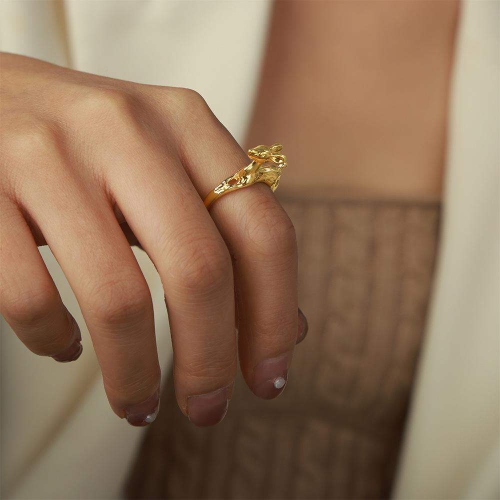 Trendy Open Hip Hop Little Deer Copper Ring, Cute Gold-Plated Animal Design for Couples