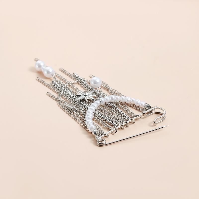 Hip Hop Trendy Imitation Pearl Tassel Chain Brooches For Men Women Waist-Shaping Fixed Pin Accessory Multi-Functional Jewelry