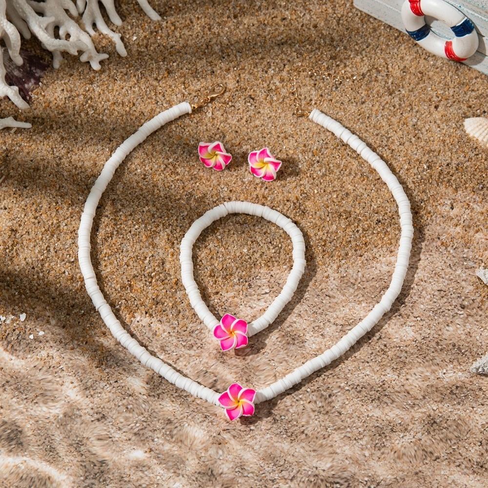 

Colorful Big Flower Clay Beads Bracelet Boho Chic Handmade Woven Earrings Women рожевий