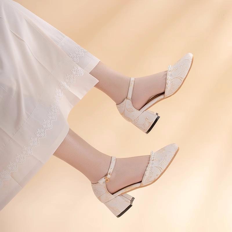 High Heels Women's Summer 2025 New Daily Square Head Thick Heel New Chinese Versatile One-word with Pearl Single Shoes Women