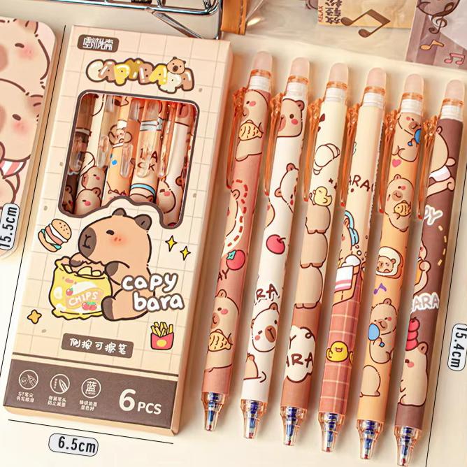 

6Pcs/Set Kawaii Cartoon Cute Capybara Erasable Gel Pen 0.5mm Blue Ink Side Press Pens Student School Office Writing Stationery