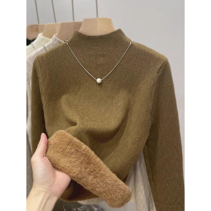 

Флисовый свитер с полувысоким воротником, утолщенный, с интегрированным флисом, женский, новый осенне-зимний, внутренний, базовый, тепловой топ average size [recommended 80-60kg] верблюд