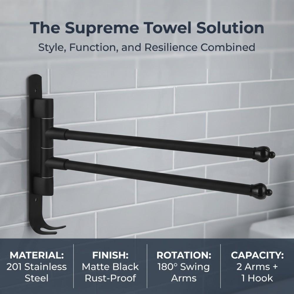 Black Swivel Towel Hanger Stainless Steel and Zinc Alloy Rotating Towel Bar  Space Saving