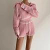 Fashion Knit Women Short Sweater Straight Leg Shorts Autumn Winter Elegant Turn-down Collar Casual Loose Two-piece Set High Waiste Long Sleeve Outfits
