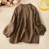 Pullover Blouse Women Retro Casual Shirt O-neck Lantern Long Sleeve Single Breasted Elegant Puff Top Splicing Design Loose Fit Solid Color Round Neck