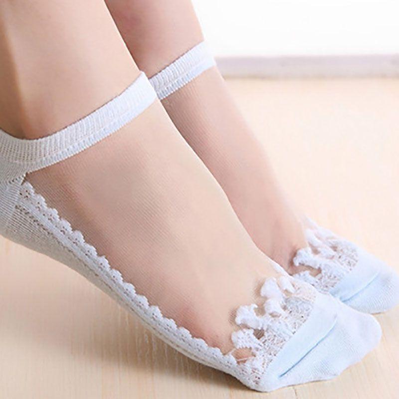 Classic Appeal Women Colors Sexy Ultra-thin Elastic Silky Short Silk Lace Invisible Socks In 7 Colors