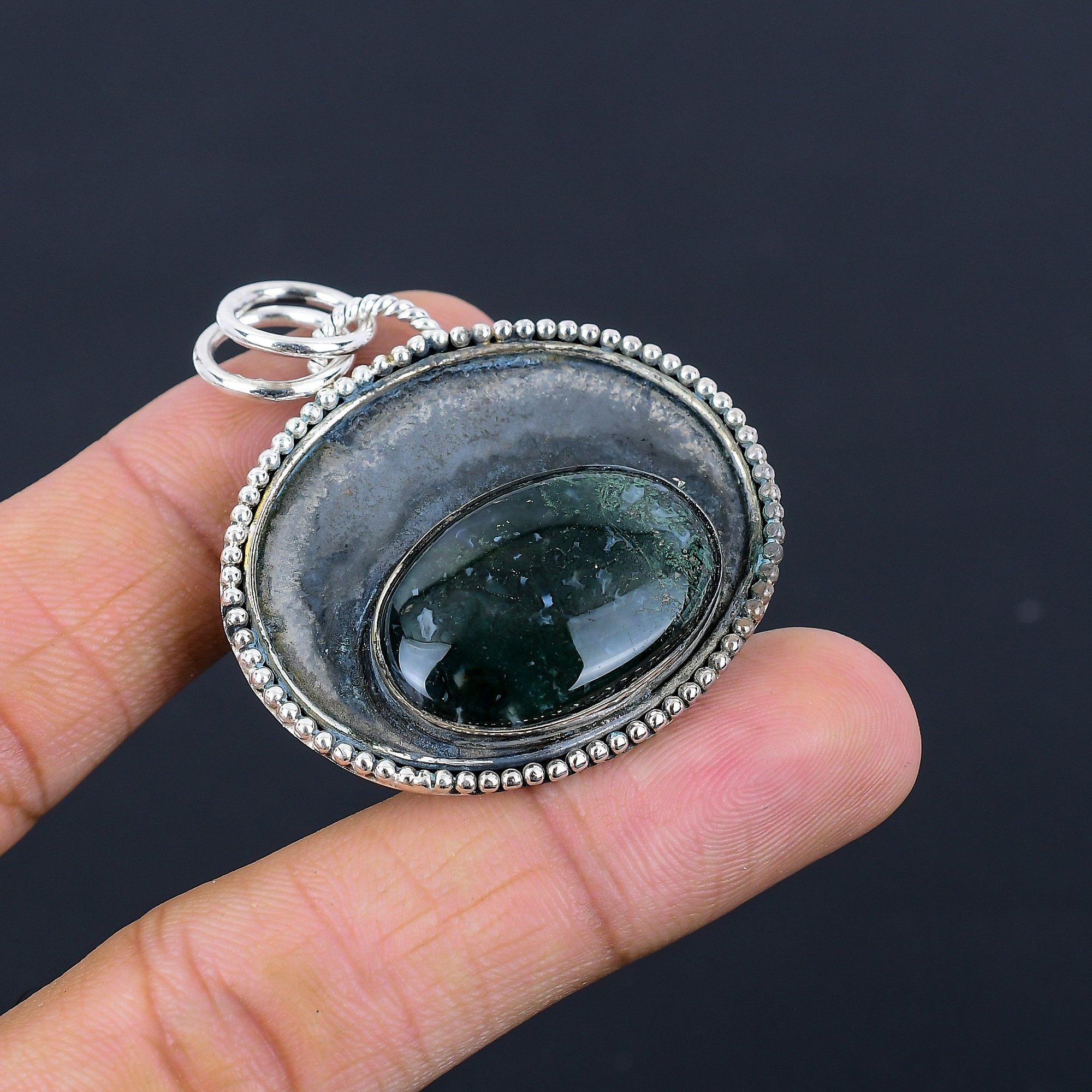 Распродажа ко Дню дочерей Овальный солнечный моховой агат Серебро 925 пробы Оправа для мамы Подвеска