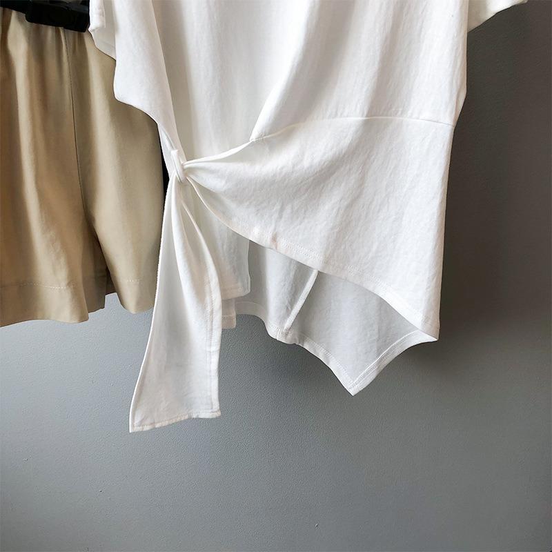 Summer New Short Sleeve Cotton Casual T-shirt Women Irregular Design Tied Solid Base Loose T Shirt Women Fashion Round Neck Simple Lady Tee Tops 25927