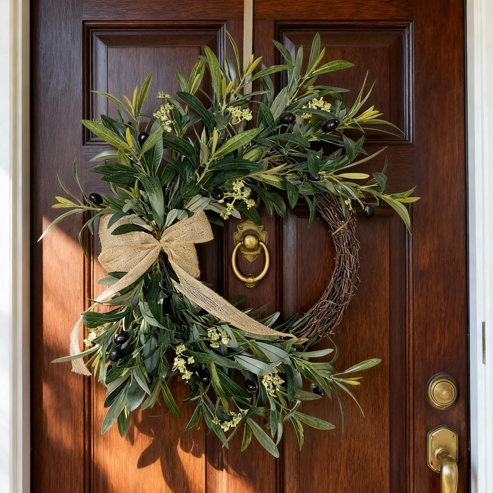 Artificial Olive Leaf Wreath Green Olive Branches With Spring Floral Accents, Farmhouse Wall Door Wedding Arch Window Hanging