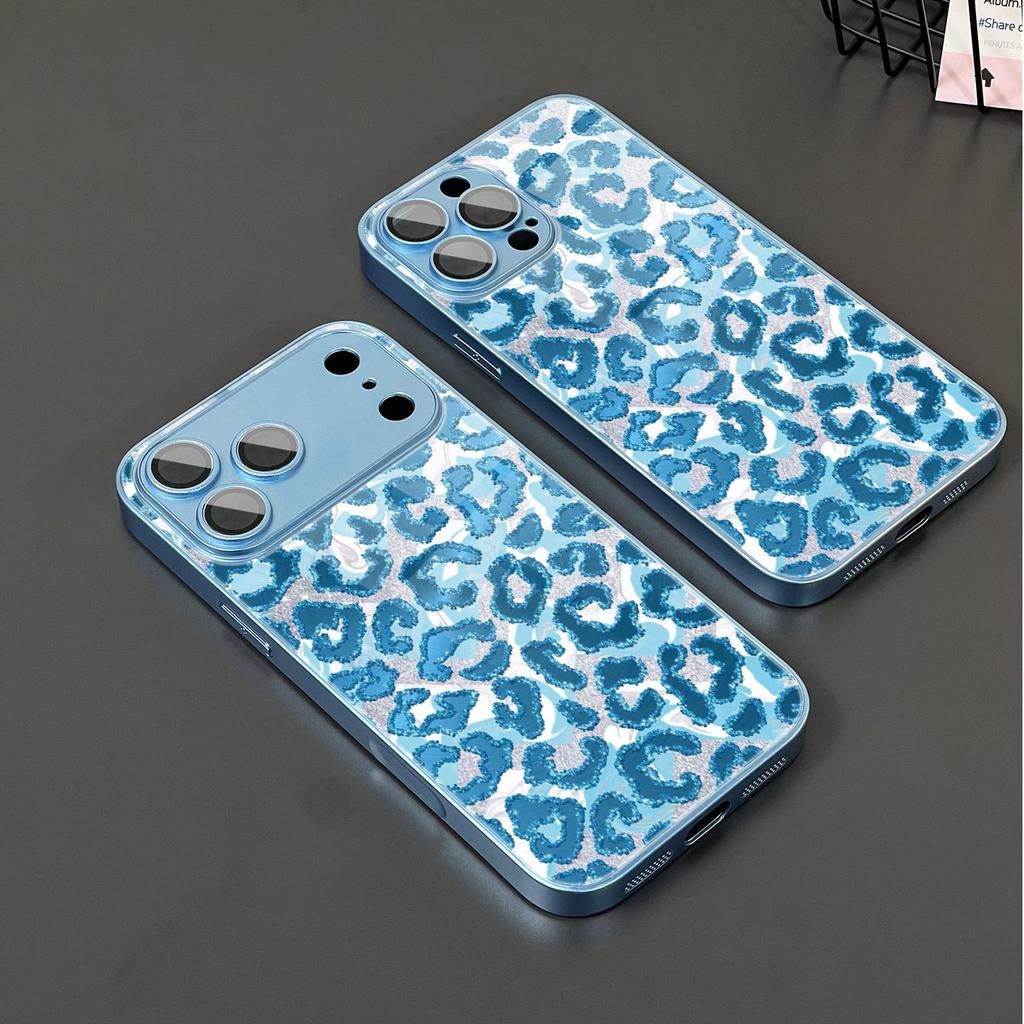 Glitter Blue Leopard Print Phone Case for iPhone 17 16 16ProMax 15 14 13 12ProMax 11 11Pro Anti-Drop Protection