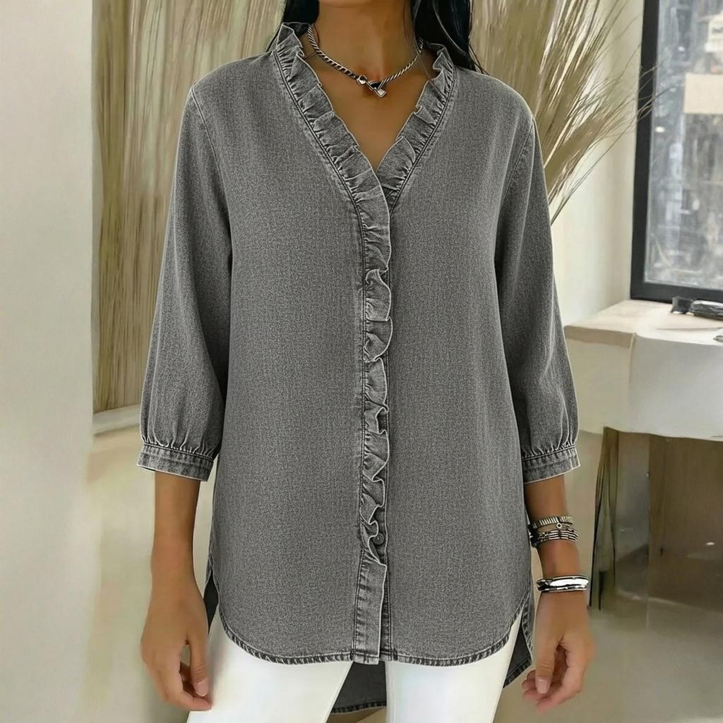 Women s Top Spring Product Women s Casual Denim Imitation V-neck Ruffle Edge Shirt S