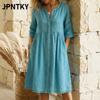 JPNTKY Fashion Summer Spring Solid Color Print V-Neck 3/4 Sleeves Casual Dresses