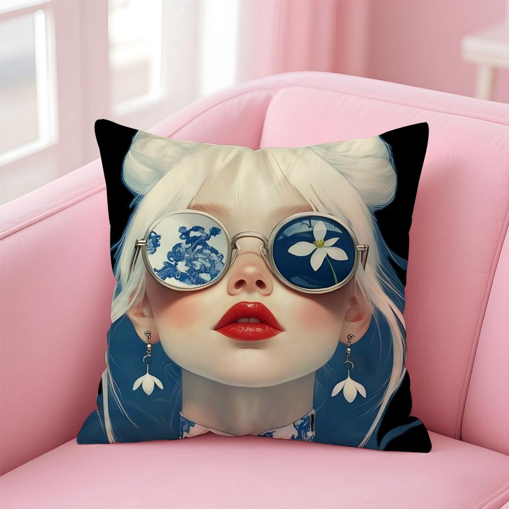 Fashionable Casual Eyeglasses Girl Woman Cushion Cover Pillowcase Short Plush Invisible Zipper Room Sofa Cushion Cover