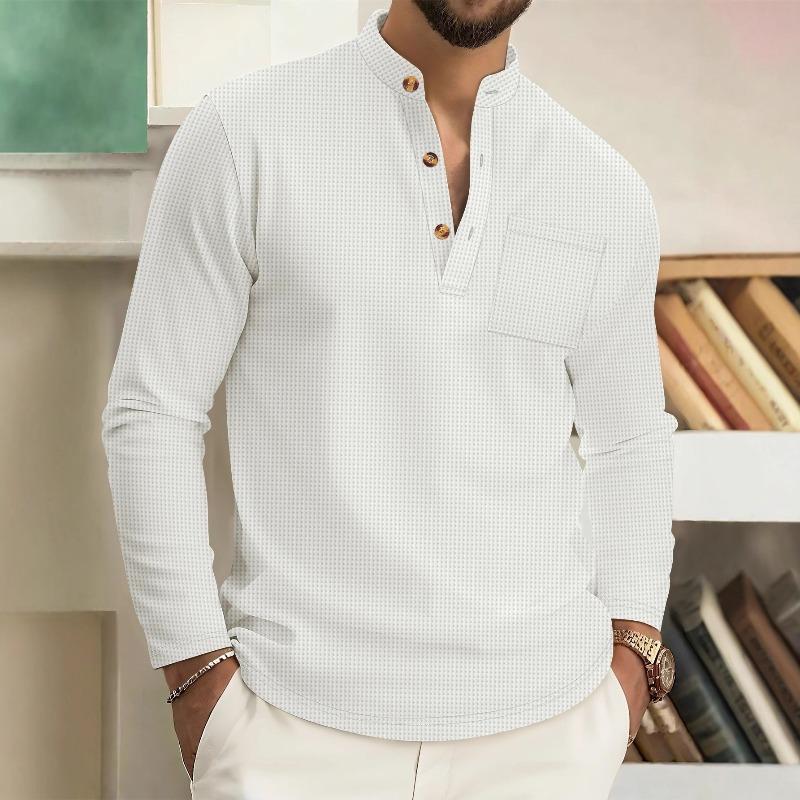 Autumn men s new waffle solid color stand-up collar pocket long placket button long-sleeved shirt S