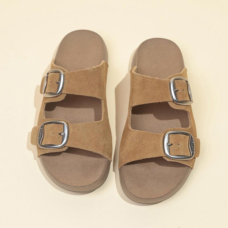 

Foreign trade big summer new versatile flat bottom one word with square buckle thick-soled beach sandals large size cool slippers 42 коричневый