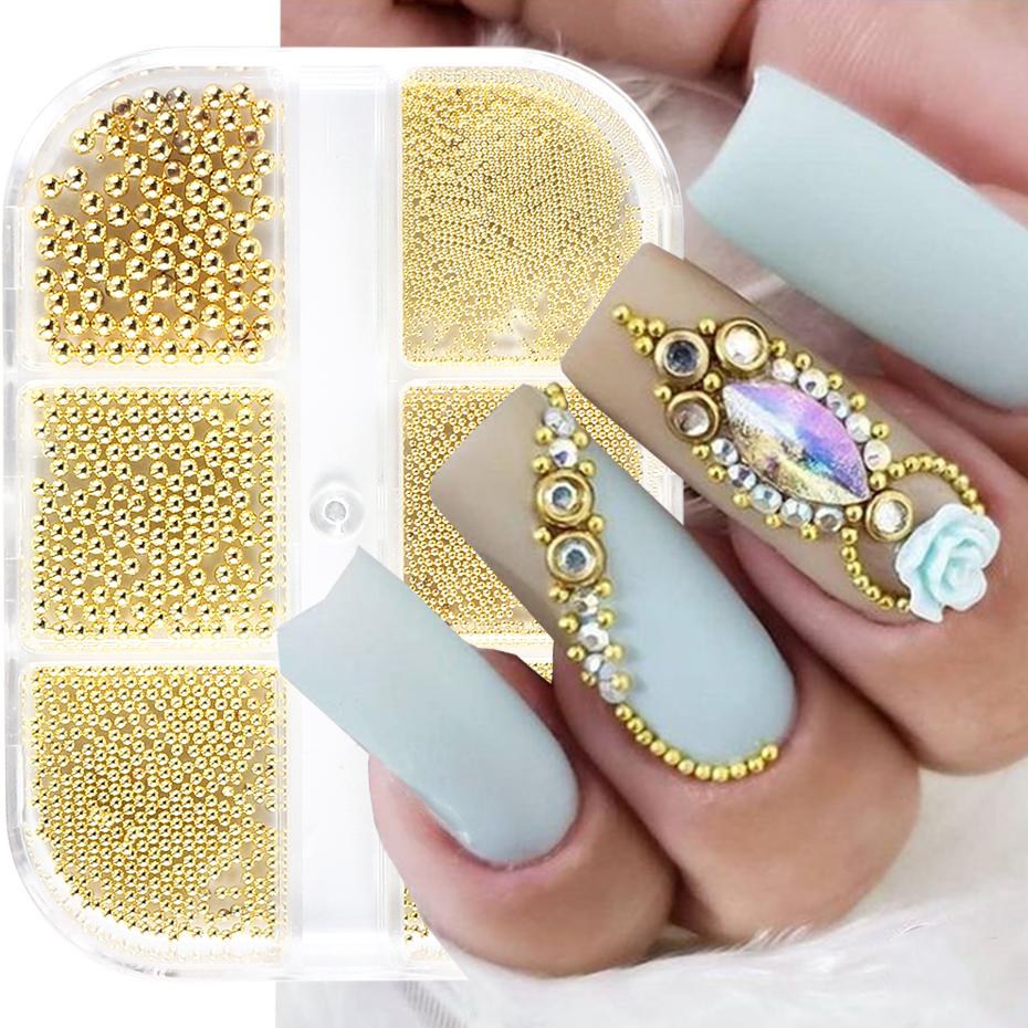 6 Grids Mini Stainless Steel Metal Bead 3D Sliver Gold Small Micro Beads DIY Nail Art Decoration Accessories