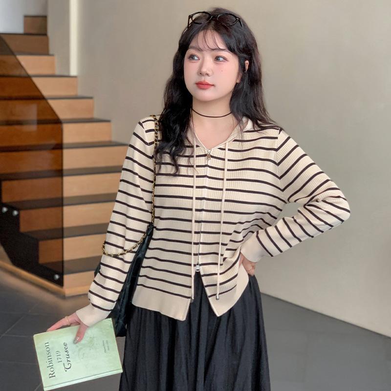 Damen Übergröße Kapuzensweatshirt Damen Gestreifte Oberteile Herbst Strick-Cardigan Jacke