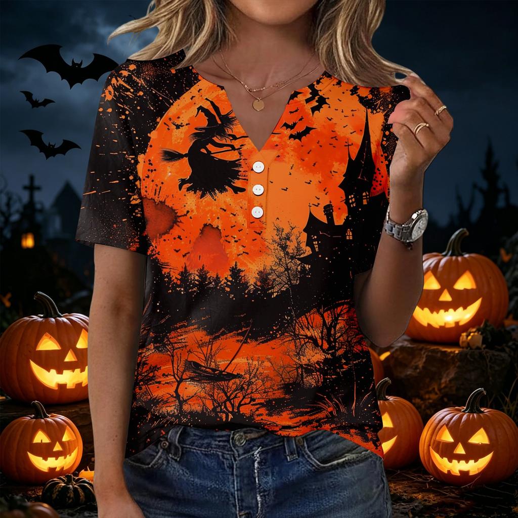 Women's Casual Halloween Print V Neck Short Sleeve T Shirt with Decorative Buttons Gothic Style Relaxed Fit Top for Everyday Wear